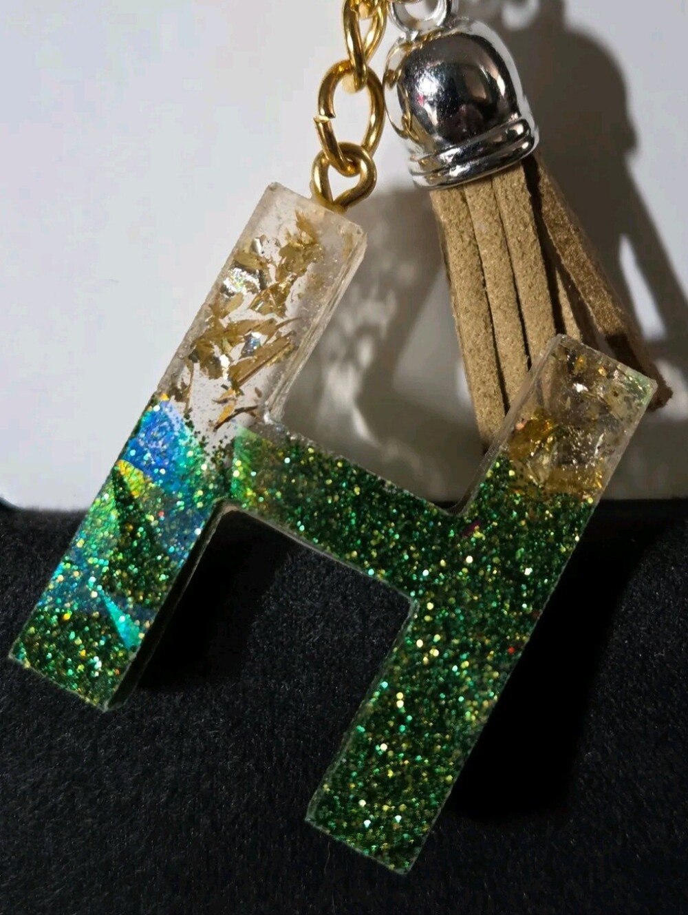 Green Resin Initial H Pendant Keychain with Gold Flakes